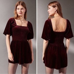 URBAN OUTFITTERS BURGUNDY VELVET SMOCKED BUBBLE SLEEVE ROMPER